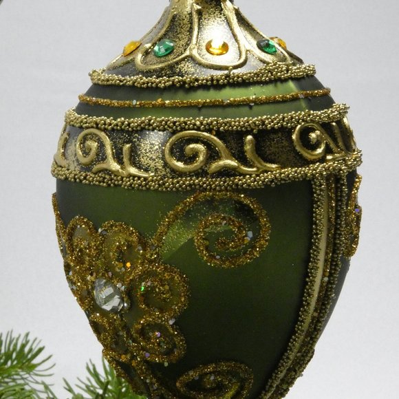 POLISH GALLERY Fabergé Egg 5-In Blown Glass Christmas Tree Ornament Royal GREEN - Picture 4 of 7